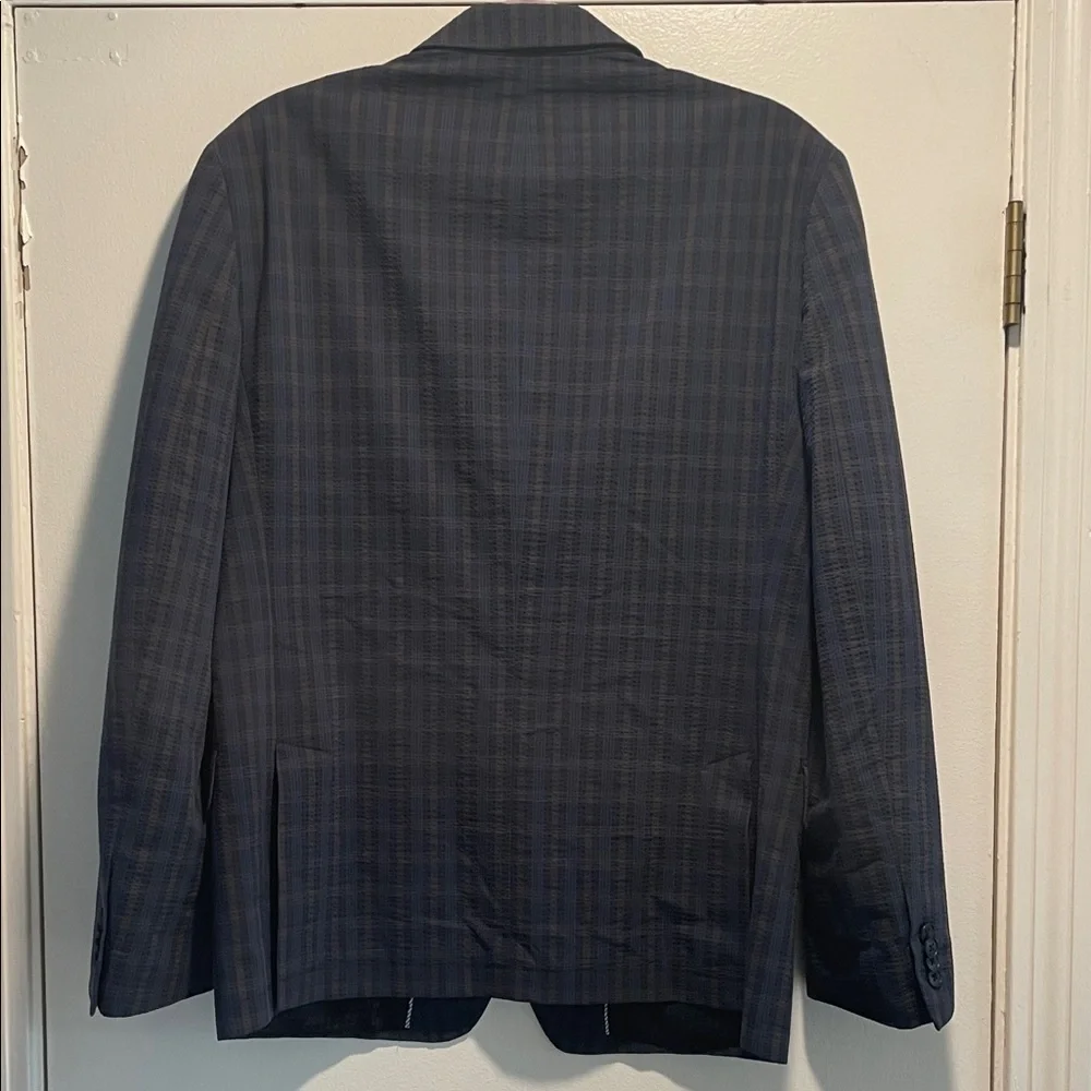John Varvatos Dark Navy Plaid Sport Double Button 3 Pocket Back Flaps Jacket